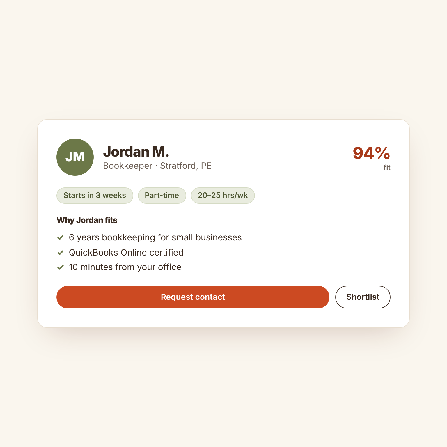 Scout candidate card for a bookkeeper with a 94% fit and reasons