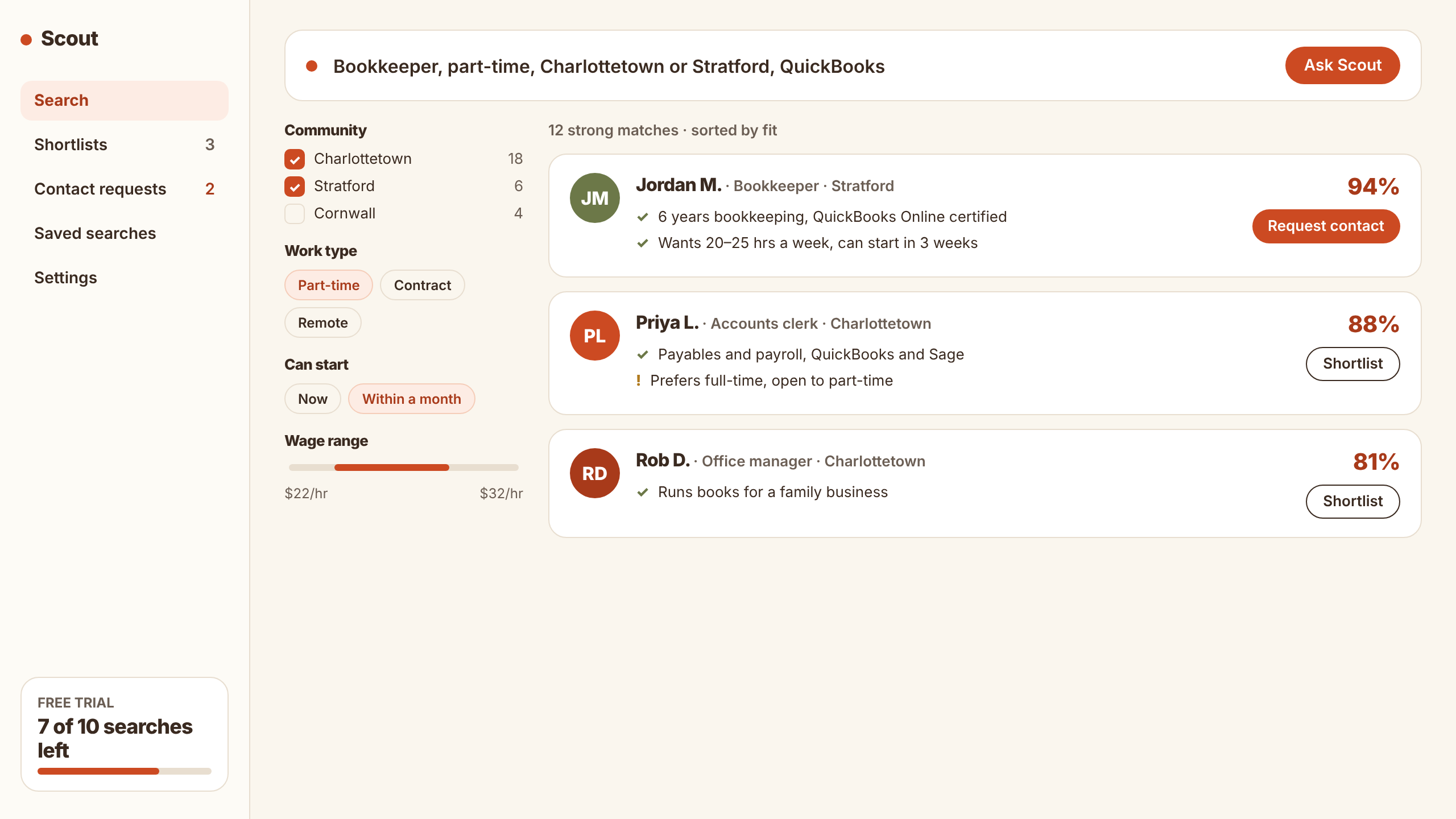 Scout employer dashboard with AI search, filters and ranked candidate matches