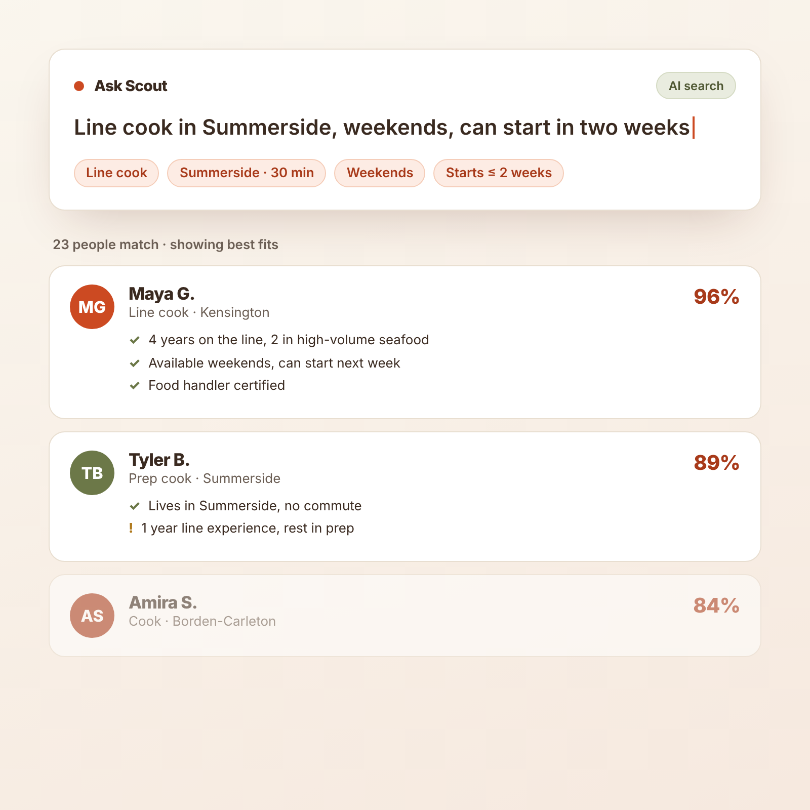 Ask Scout search for a weekend line cook in Summerside, showing ranked matches with reasons