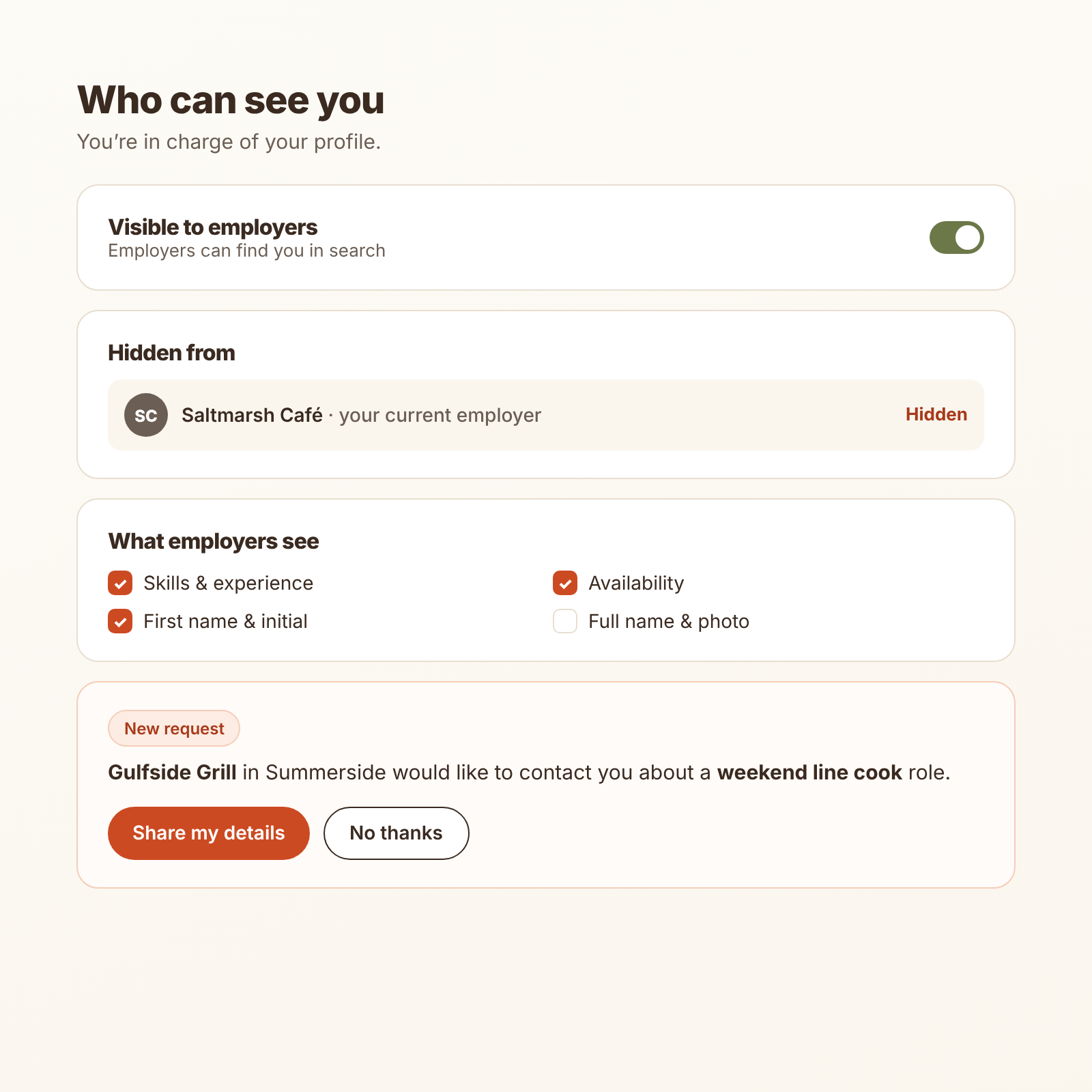 Scout privacy settings: visible to employers, hidden from current employer, and a contact request to accept