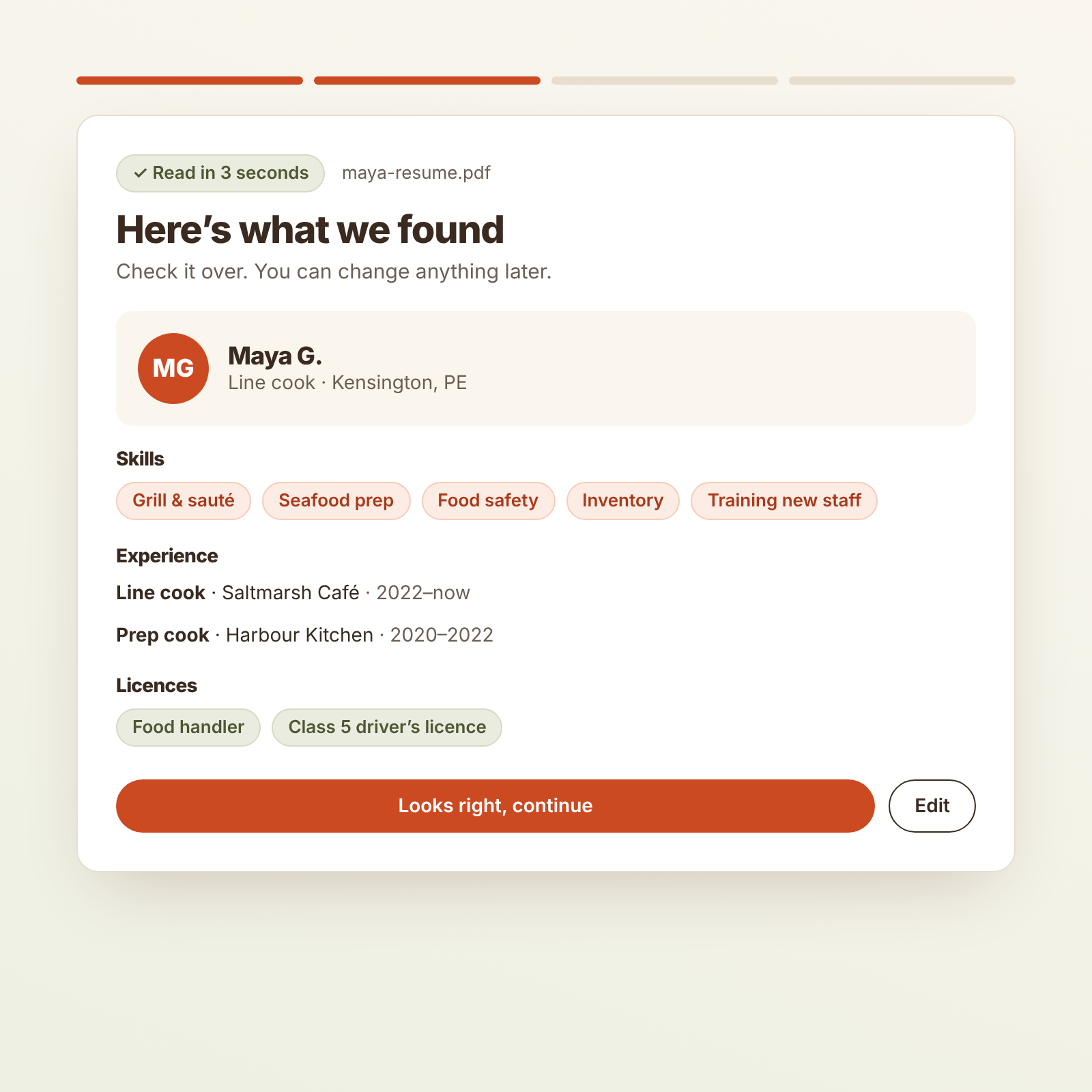 Scout reads an uploaded resume and shows the skills, experience and licences it found